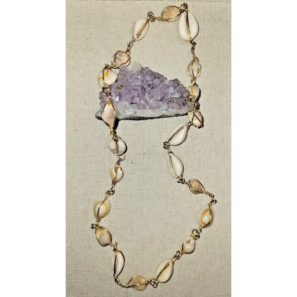 Vintage Caged Cowrie Conch Shell Necklace 60s/70s Wire Wrapped 32" Gold Tone Lei